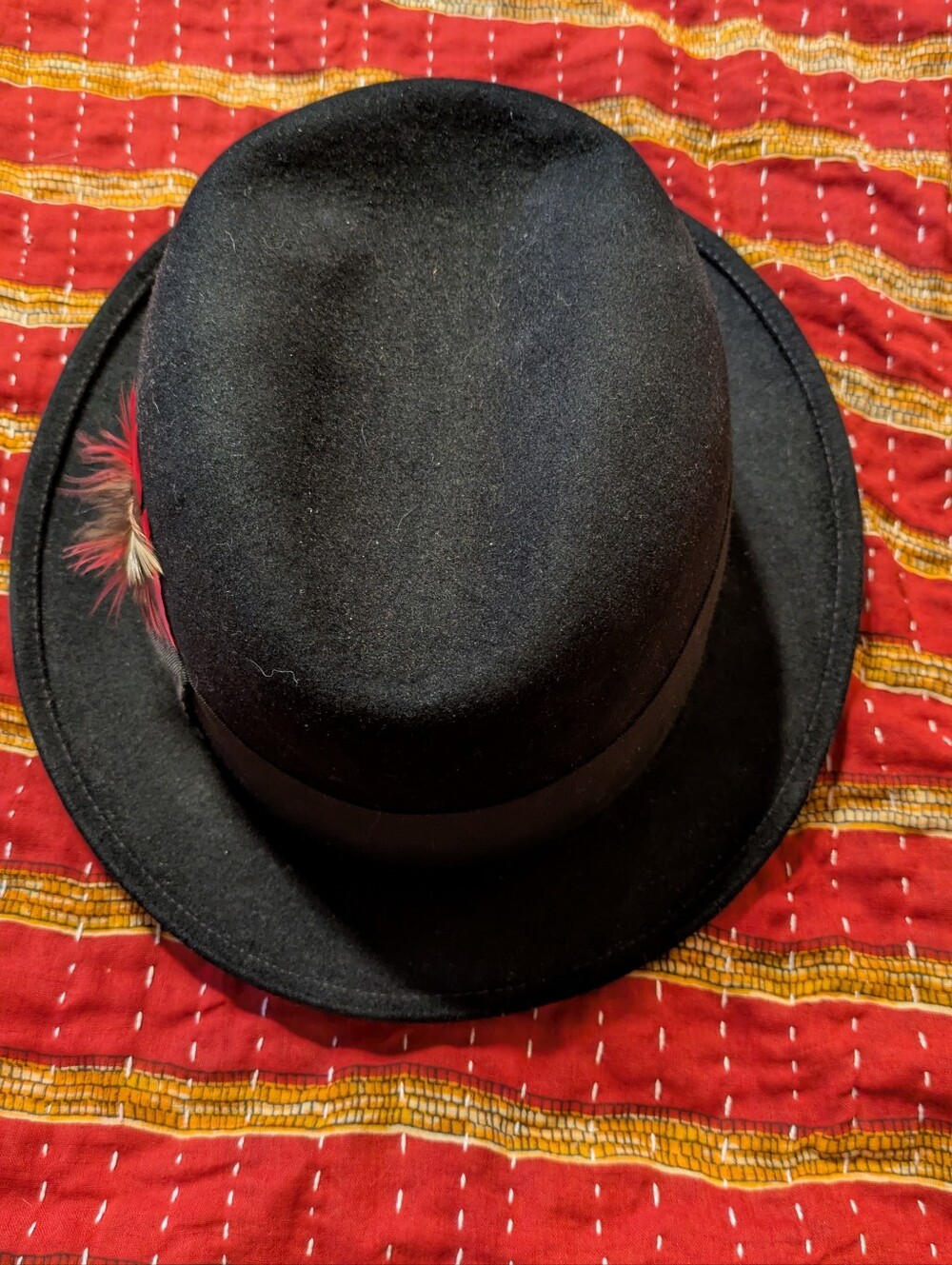 Black Felt Fedora Hat with Feather Trim